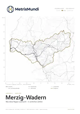 Deckblatt des Regionalradars Merzig-Wadern mit Kreiskarte, Straßen und Kreisgrenze in Gold