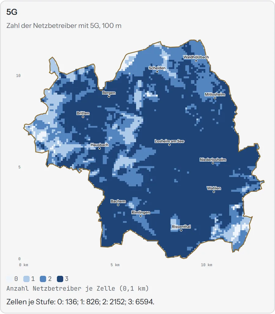 Karte der Mobilfunkversorgung mit 5G im 100-m-Raster für eine Gemeinde, in Blautönen