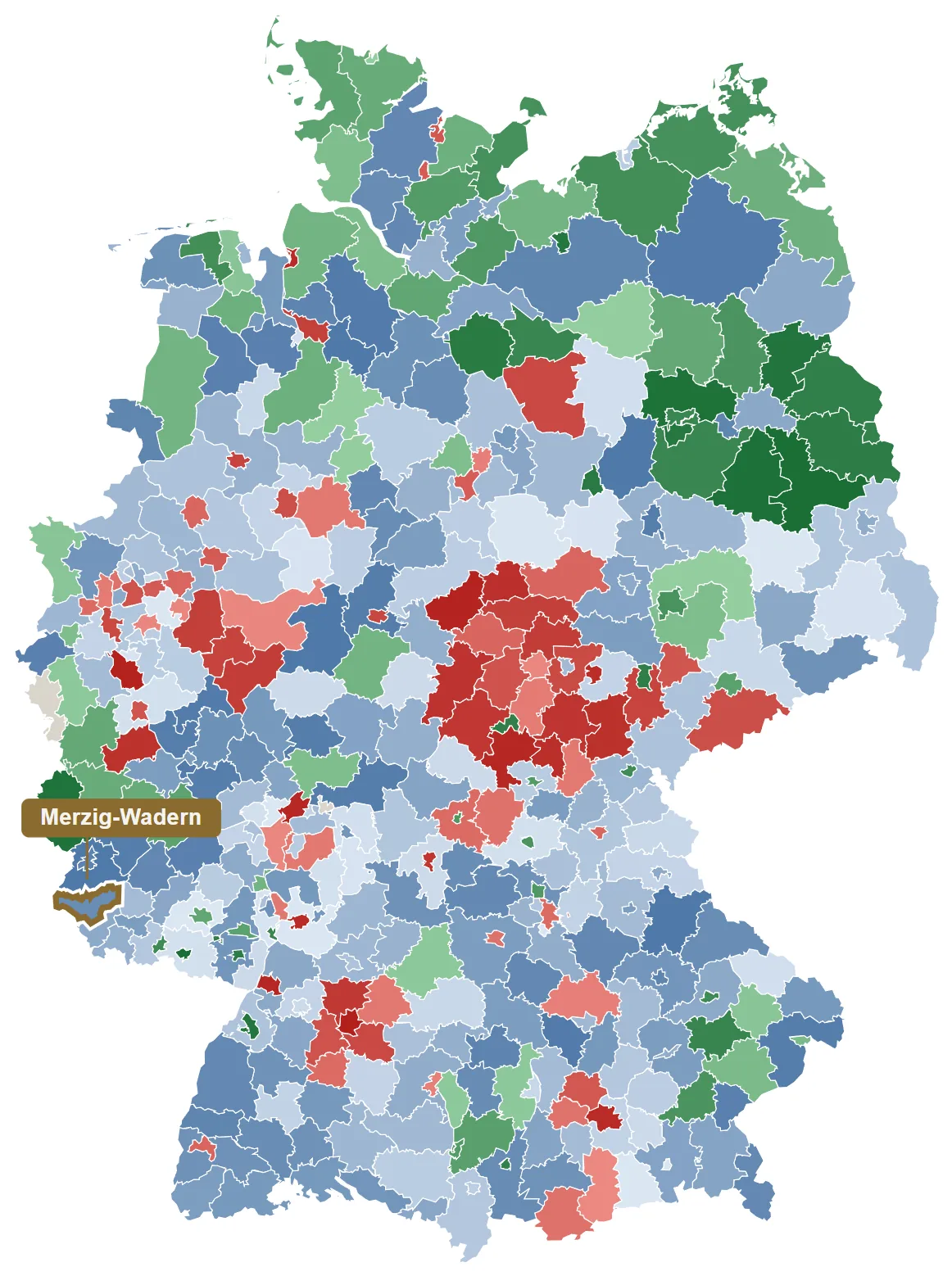 Deutschlandkarte aller 400 Kreise in Rot, Blau und Grün, Merzig-Wadern golden markiert