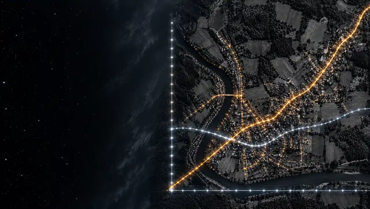 Luftbild eines Ortes bei Nacht; seine Straßen bilden ein Liniendiagramm mit einer goldenen und einer silbernen Kurve. KI-generiert.