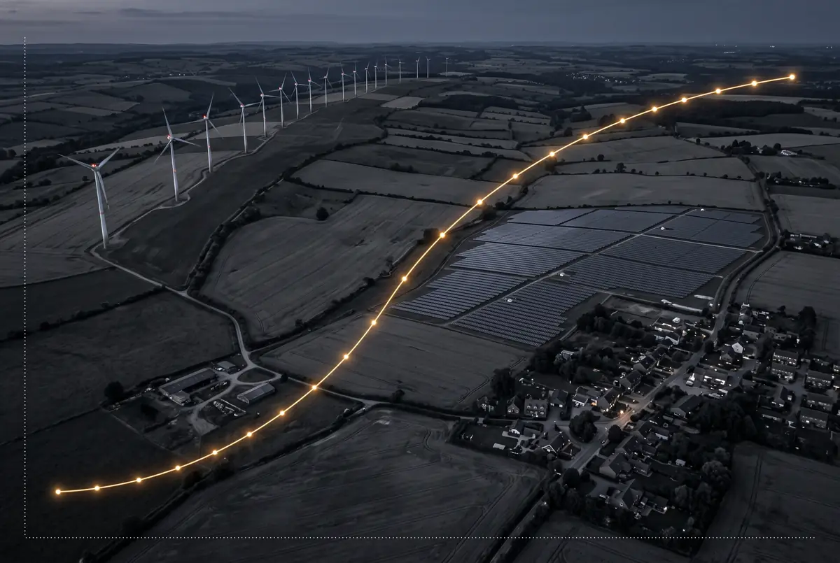 KI-Illustration: Windräder und einen Solarpark in der Dämmerung (kein realer Ort)